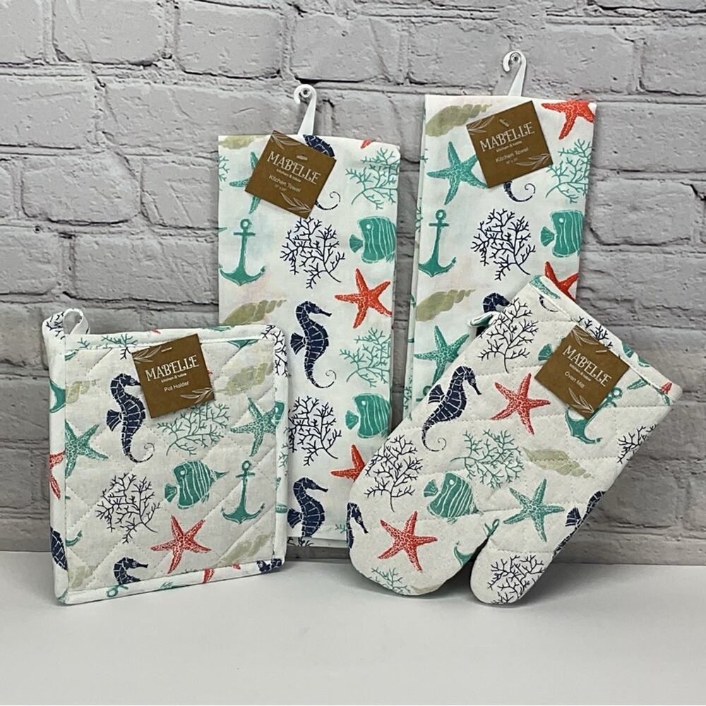 Nautical Beach Theme 4 Piece Kitchen Set 2 Dish Towels 1 Pot Holder 1 Oven Mitt